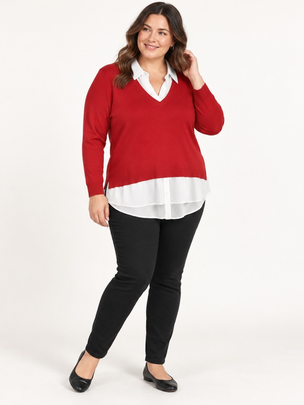 V-neck Red Layered-Look Sweater - Women